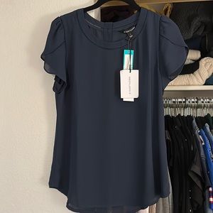 Nwt blue scoop neck blouse with neck and sleeve detail. Button down back